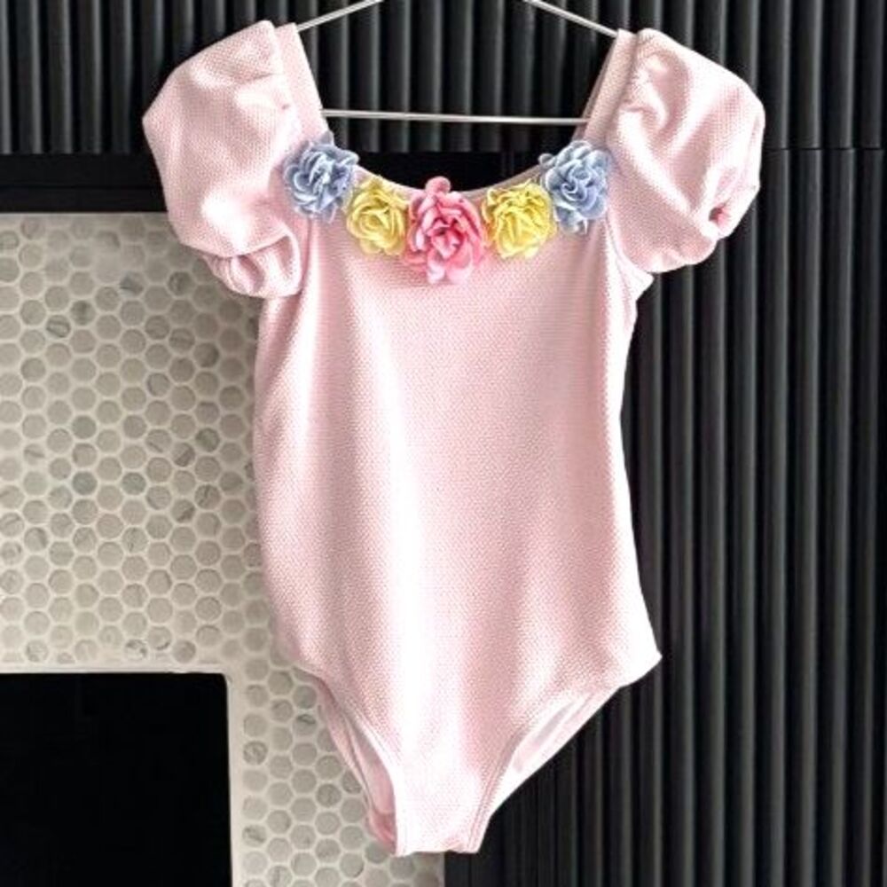 Janie and Jack Girls Bunny Pink Rosette Puff Sleeve Leotard / Swimsuit Size 8